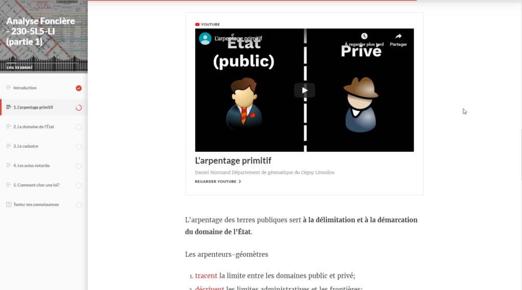 Capture d'écran du module technopédagogique du cours Analyse Foncière