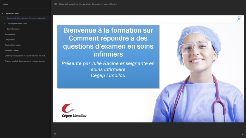 Image d'une jeune infirmière - extrait de la page titre d'un cours en soins infirmiers